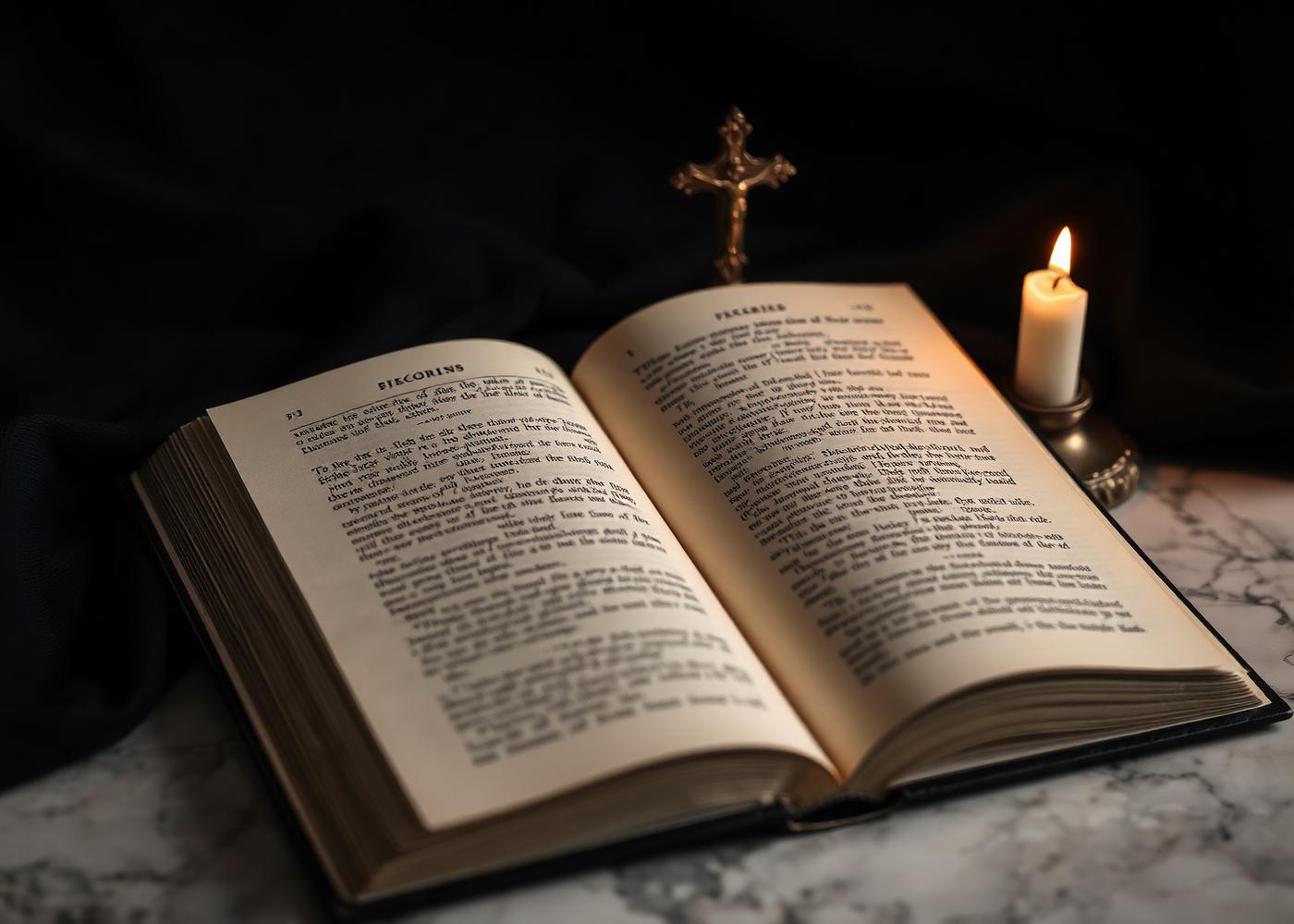 Livro aberto sobre Direito Canônico ao lado de um crucifixo